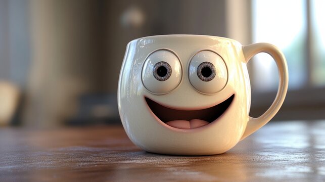 3D cartoon coffee cup with smiling face, large expressive eyes, and cheerful character design sitting on a colorful table surface. Generated AI
