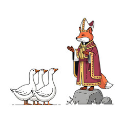 Medieval Fox Priest and Geese Vector Design | Flat Cartoon Animal Illustration