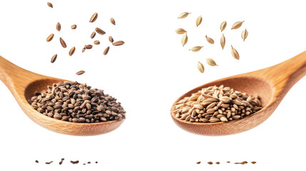 Two piles of cumin seeds and fennel seeds falling in the air on transparent background