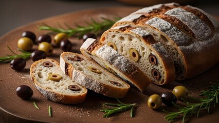 Artisan loaf of fresh bread sliced with olives and rosemary garnish displayed