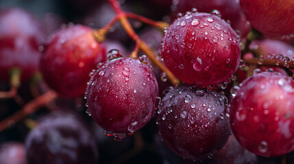 Close up of red grapes with water droplets on them in a dark setting