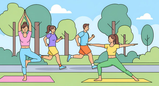 An illustration depicting a diverse group of people engaging in various forms of exercise in a city park. Some are jogging or running in the background