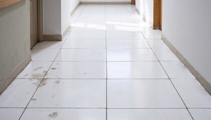 Tiled floor in an establishment with dirt marks showing wear and cleanliness issues

