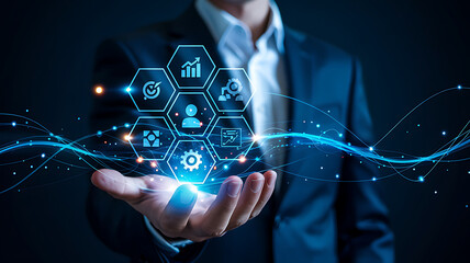 Businessman hand touching virtual interface screen with global network technology concept