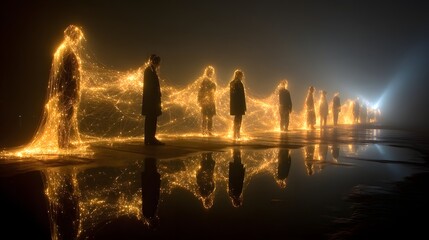Silhouettes of individuals connect across a dark reflective surface with luminous golden energy threads