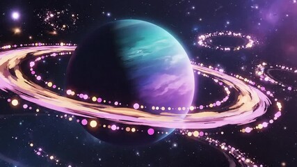 Colorful planet with rings and stars in a vibrant cosmic space - Powered by Adobe