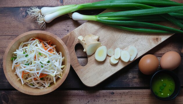 Vibrant display of fresh ingredients for a healthy Asian dish, including scallions, bean sprouts, ginger, and eggs on a rustic wooden table