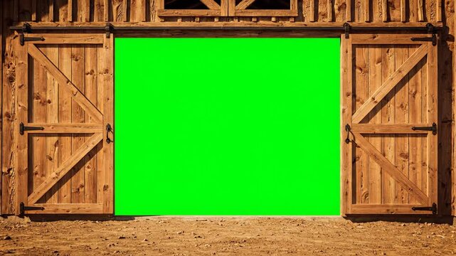 Wooden barn doors open to bright green screen background. Ideal for creative video projects and editing. Barn setting enhances visual storytelling.
