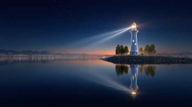 Lighthouse beam at twilight over calm water with city lights and mountains in the distance