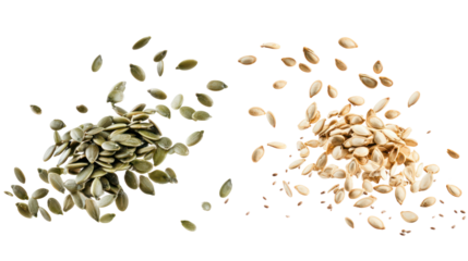 Two piles of pumpkin seeds and watermelon seeds falling in the air on transparent background