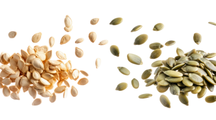 Two piles of pumpkin seeds and watermelon seeds falling in the air on transparent background