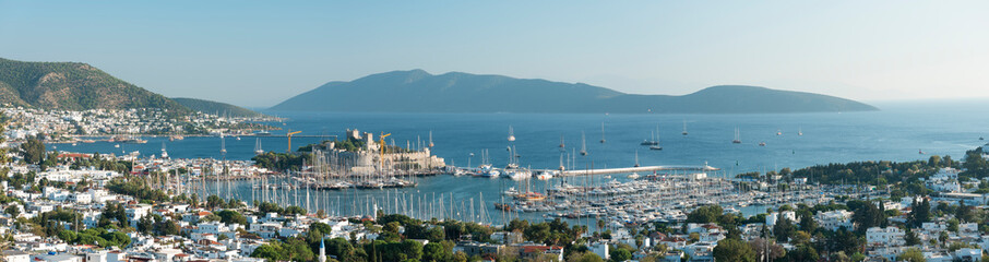 Mugla,, Türkiye. View of Bodrum Harbor and Bodrum Castle in October.