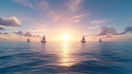 Sailboats on calm ocean water at sunset, serene sky with clouds and sun reflection