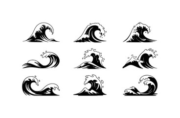 Fototapeta premium Collection of Nine Black and White Stylized Wave Illustrations