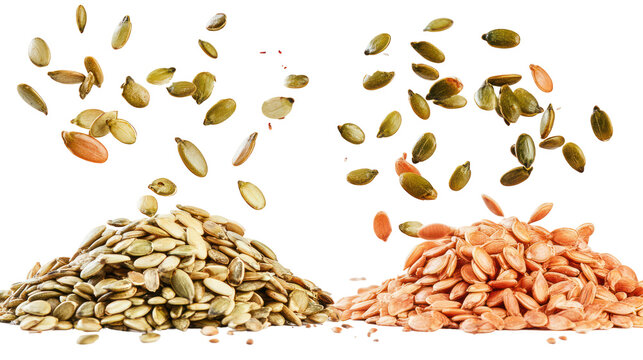 Two piles of pumpkin seeds and watermelon seeds falling in the air on transparent background