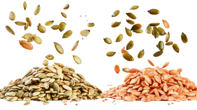 Two piles of pumpkin seeds and watermelon seeds falling in the air on transparent background