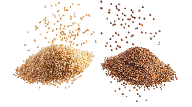 Two piles of sesame seeds and mustard seeds falling in the air on transparent background