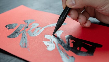 Close-up of a hand skillfully writing traditional Chinese calligraphy with a brush, creating silver characters on a sheet of vibrant red paper