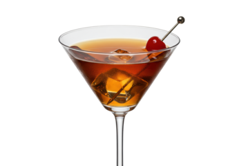 a classic brandy manhattan cocktail in an elegant crystal martini glass with clear ice and red cherry garnish, dramatically backlit, isolated on a transparent background with copy space, concept for