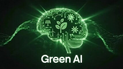 Green AI and Eco-Innovation: A futuristic and environmentally conscious depiction, showcasing an AI brain powered by renewable energy