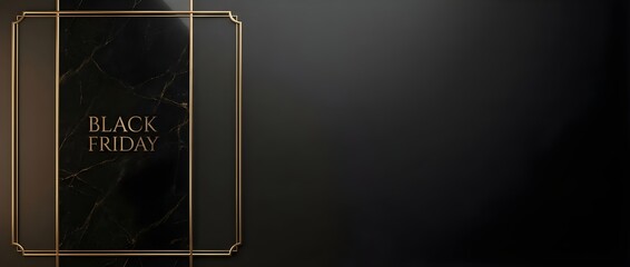 Elegant Black Friday banner with dark marble panel and gold frame on black gradient background; refined typography and ample copy space for retail promotion.