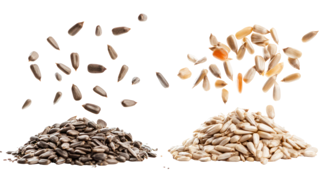Two piles of falling seeds and grains isolated on transparent background