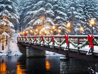 Snow covered bridge with holiday decorations over calm water at dusk