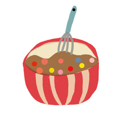 mixing bowl illustration with chocolate batter and candies being stirred in playful style
