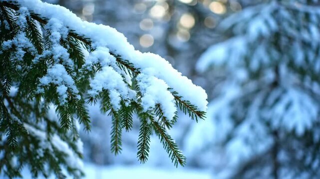 Close up of a snow covered evergreen tree branch in a serene winter forest landscape