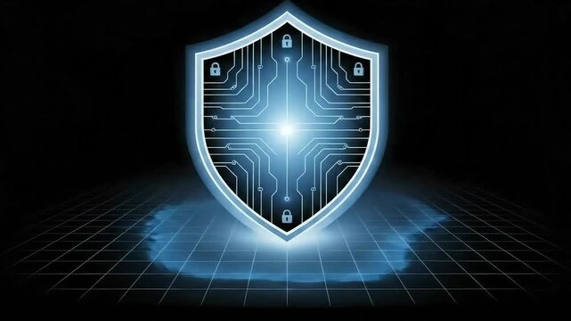 Digital Shield of Security: A futuristic emblem of cybersecurity, an illuminating shield, pulsates with intricate circuit patterns, guarding a vast expanse of digital data in the darkness.
