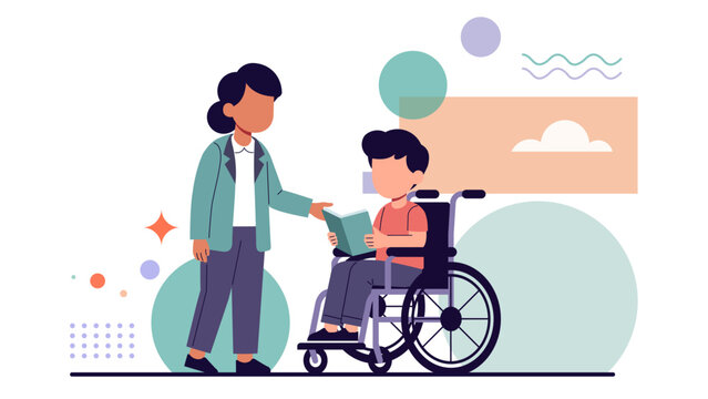 Inclusive Education Concept &ndash; Teacher Assisting Student in Wheelchair with Book