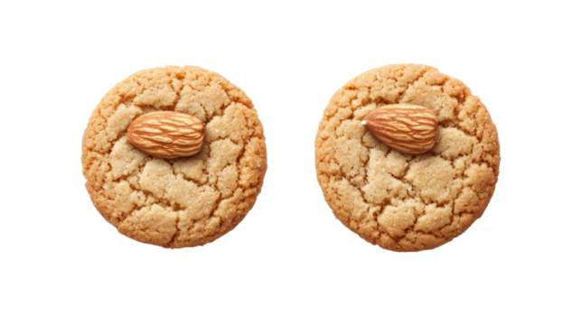 Two oval shaped almond cookies isolated on transparent background