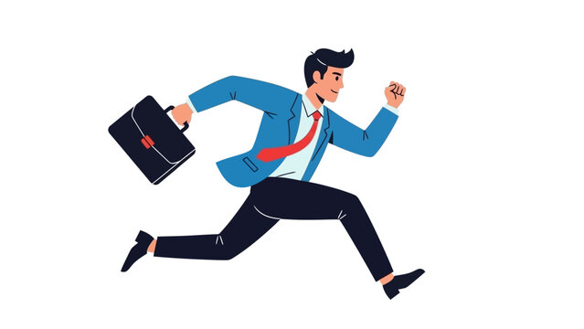 Dynamic businessman in a blue suit running with a briefcase against a white background, conveying urgency and movement