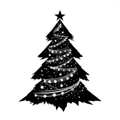 Obraz premium A Festive Silhouette: A striking black and white silhouette of a Christmas tree, adorned with twinkling lights and a star atop, evokes the spirit of the holidays.