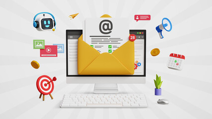Email marketing, email automation, marketing automation. Customer engagement, retention, loyalty. Business e-mail communication, digital marketing. 3D computer with Email and marketing icons