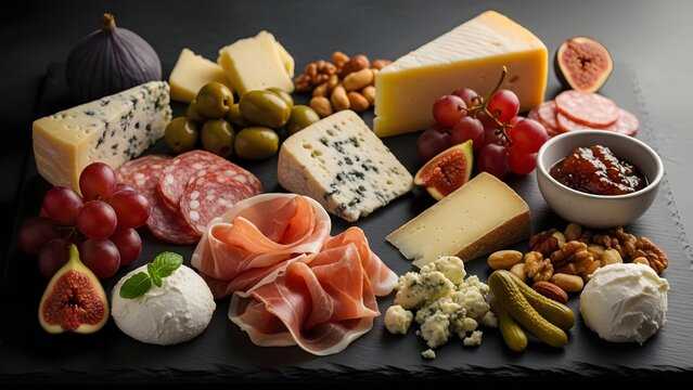 Assorted gourmet charcuterie board with cheeses meats fruits and nuts arranged on dark surface