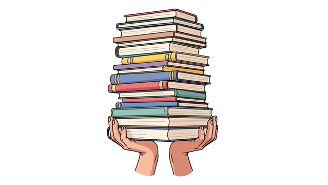 A pair of hands carefully holds a tall stack of colorful books, representing knowledge and learning