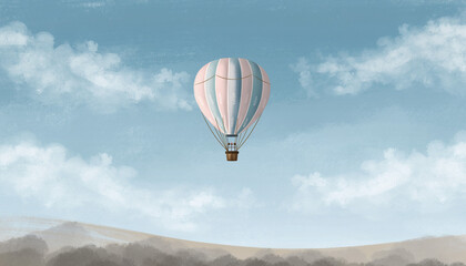 Obraz premium Whimsical Journey Pastel Hot Air Balloon Drifting Over a Muted Landscape on a Bright Day