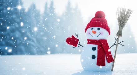 Fototapeta premium Merry christmas and happy new year greeting card with copy-space.Happy snowman standing in christmas landscape.Snow background.Winter fairytale.