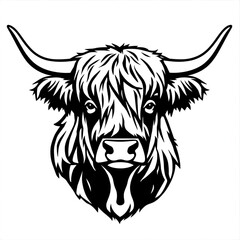 Fototapeta premium Highland Cattle Head: A striking monochrome illustration of a Highland cow head, its long, shaggy coat and impressive horns commanding attention. A symbol of rugged beauty and rural charm.