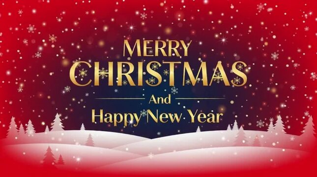 Gold Christmas and New Year Typographical on red Xmas background with winter landscape with snowflakes, light, stars. Merry Christmas card.