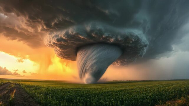 Video A massive tornado cloud is emerging from a green field, threatening the surrounding area with severe weather
