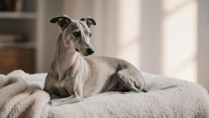 Elegant Whippet Dog Relaxing on a Cozy Bed in a Sunlit Room.