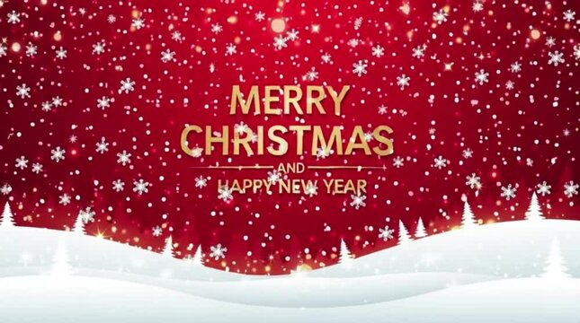 Gold Christmas and New Year Typographical on red Xmas background with winter landscape with snowflakes, light, stars. Merry Christmas card.