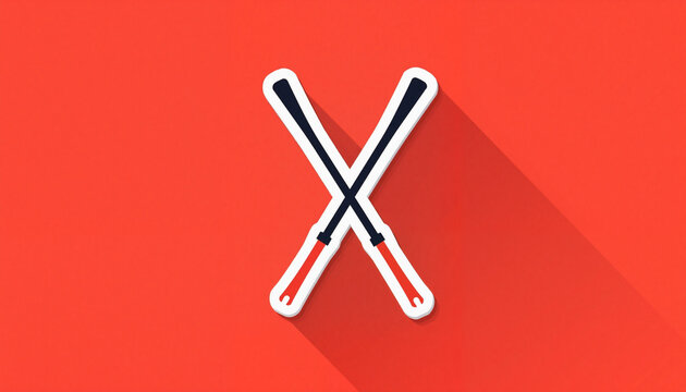 Crossed ski poles on vivid red backdrop, winter sports symbolism