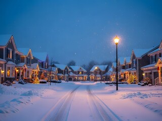 Naklejka premium Snowy street with houses and illuminated street lights at dusk