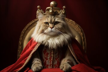 The cat is wearing a king's crown and a royal red robe