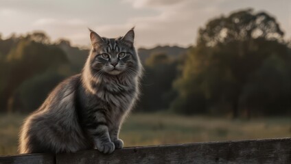 Fototapeta premium Majestic Tabby Cat Perched at Sunset - A Serene Outdoor Portrait.
