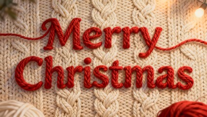 Overhead shot shows the words Merry Christmas spelled out in thick, red yarn letters against a cream-colored, cable-knit sweater.
