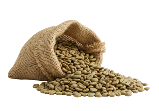 overturned jute burlap sack spilling hundreds of pale green, raw arabica coffee beans onto a transparent surface, high-key macro product photography, concept of premium commodity trade